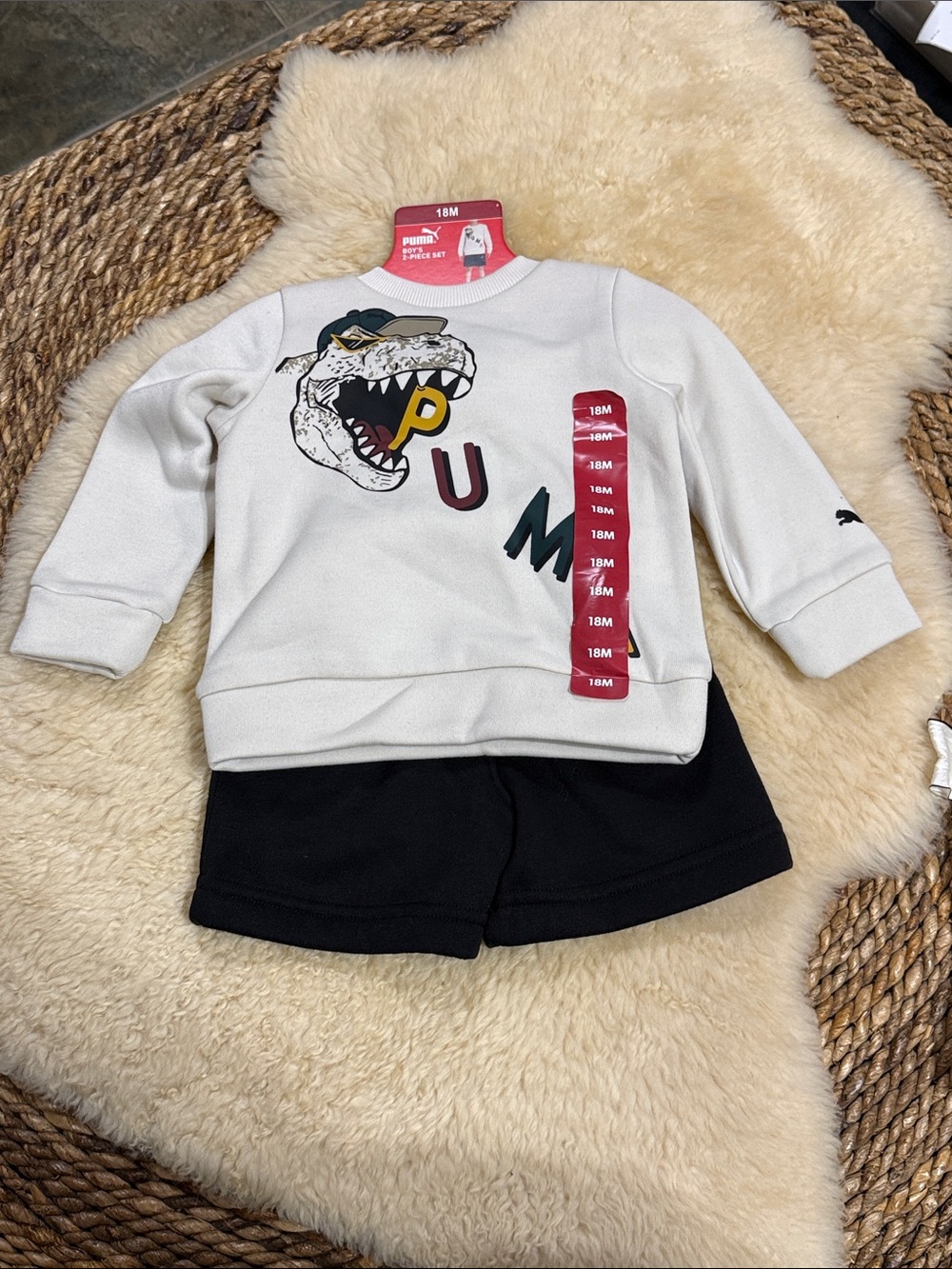 Puma White Crewneck Sweatshirt & Black Shorts Baby Set with Dino Graphic